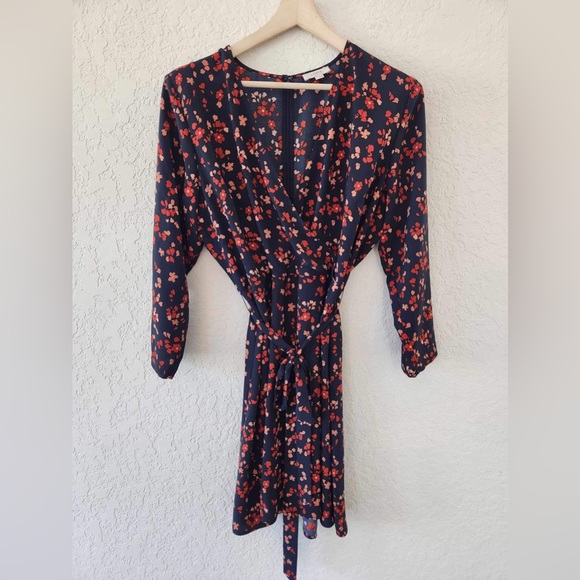 LOFT Blue & Red Floral Faux Wrap Dress Size 14 - Picture 1 of 7